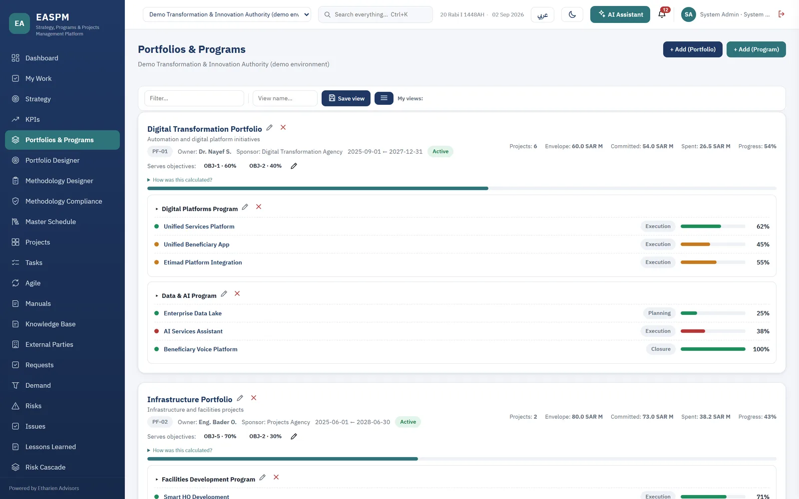 The portfolio screen, showing programs and projects with health and progress