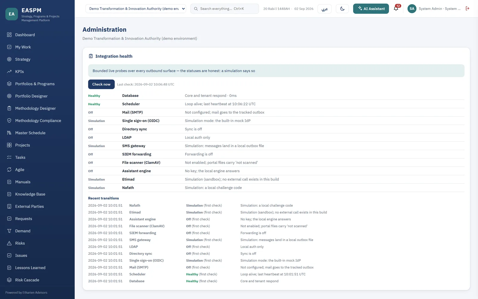 The platform health screen, showing the state of each service and integration
